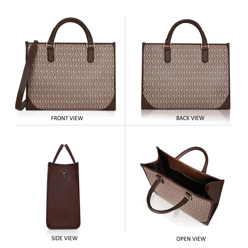 Accessorize London Women's Brown Bette Monogram Large Sized Tote Bag With Adjustable & Detachable Sling Strap And Top Handles | Fits Upto 16" Laptop | Tote Bags for Women For Office Use, Work, Brown