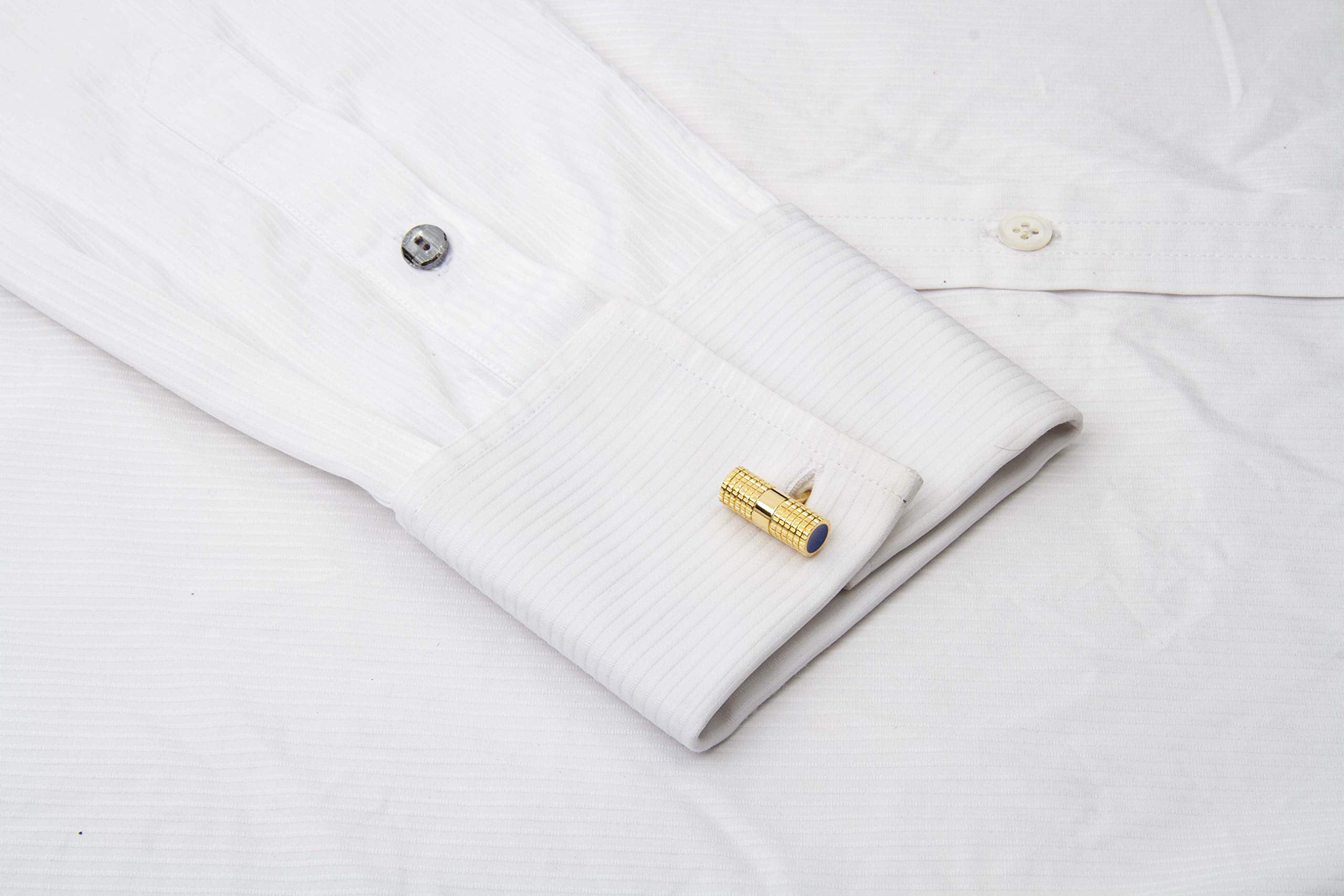 Knighthood Gold Checkered Cylinder with Blue Tips Cufflinks for Men Shirt Cuff Links Business, Wedding Gifts with Gift Box