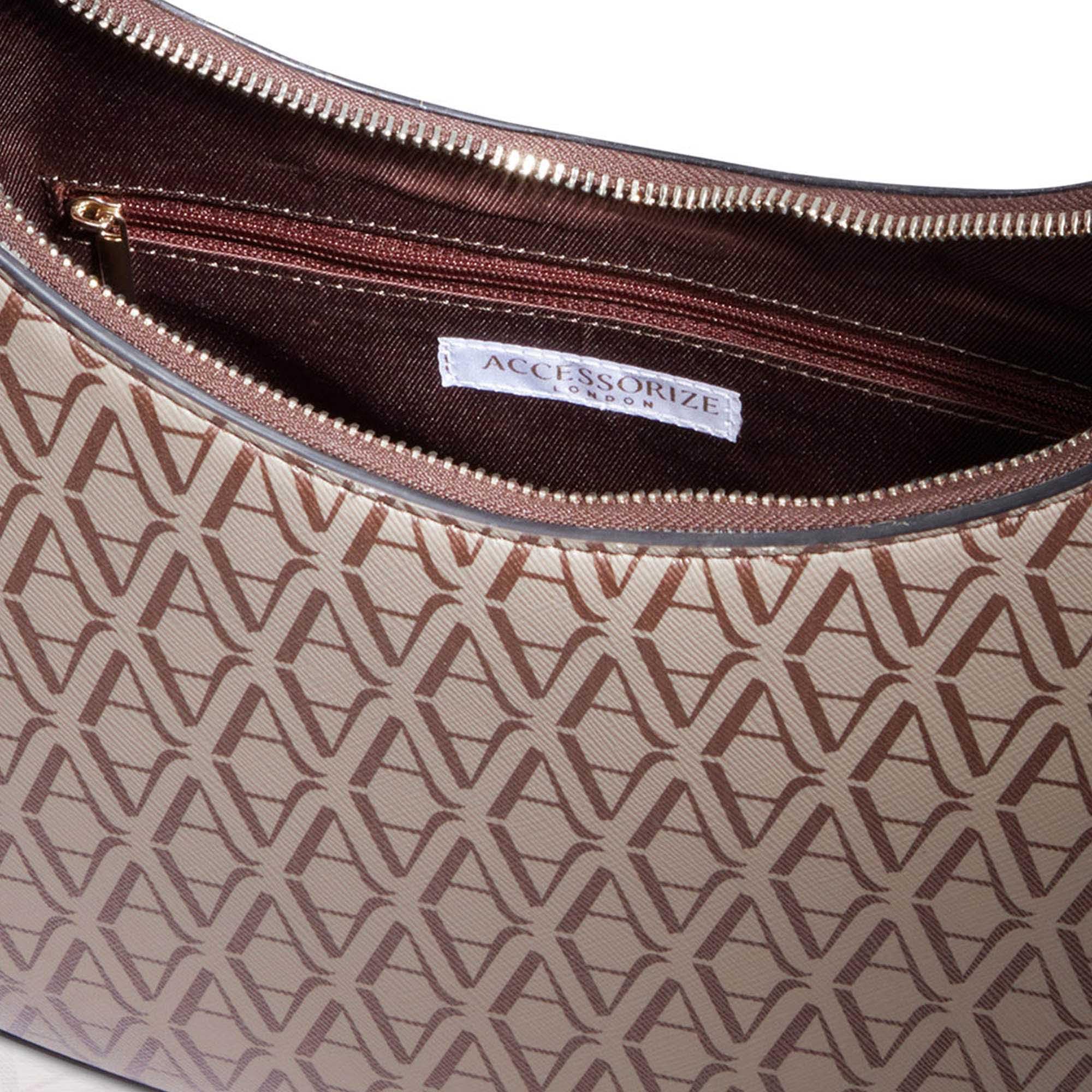 Accessorize London Women's Amara Monogram Hobo Bag I Shoulder Bag For Ladies| hand bags for women stylish, Brown, M