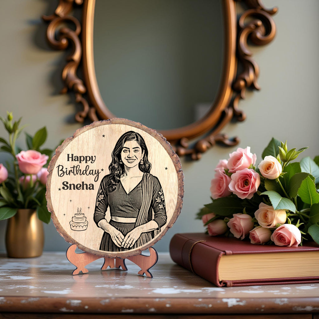 Personalized Engraved Natural Wooden Slice Photo Frame With Wood Stand, Best Gift for Birthday, Anniversary, Wedding, Retirement, Valentine etc. (8 Inches, Brown, Tabletop)