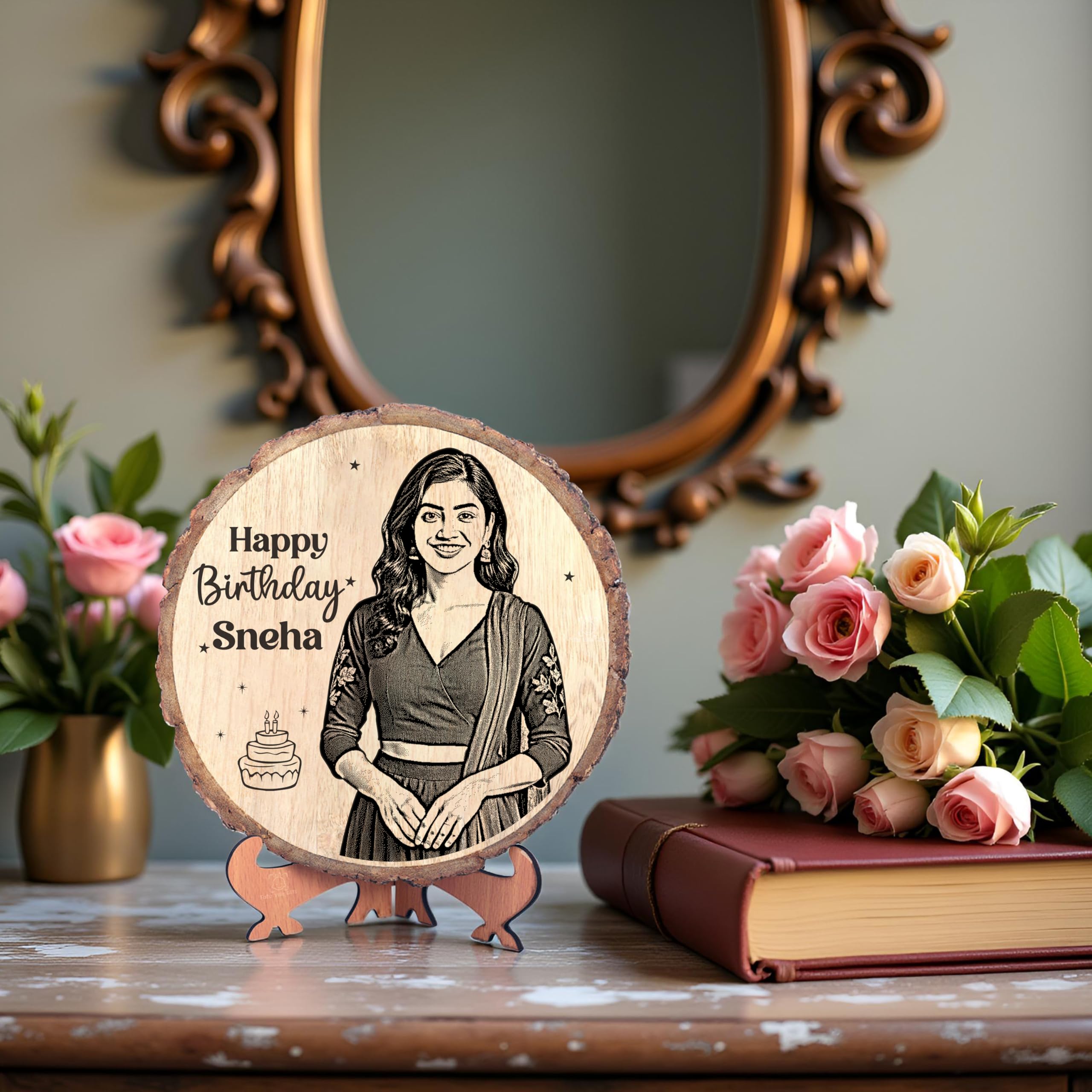Personalized Engraved Natural Wooden Slice Photo Frame With Wood Stand, Best Gift for Birthday, Anniversary, Wedding, Retirement, Valentine etc. (8 Inches, Brown, Tabletop)