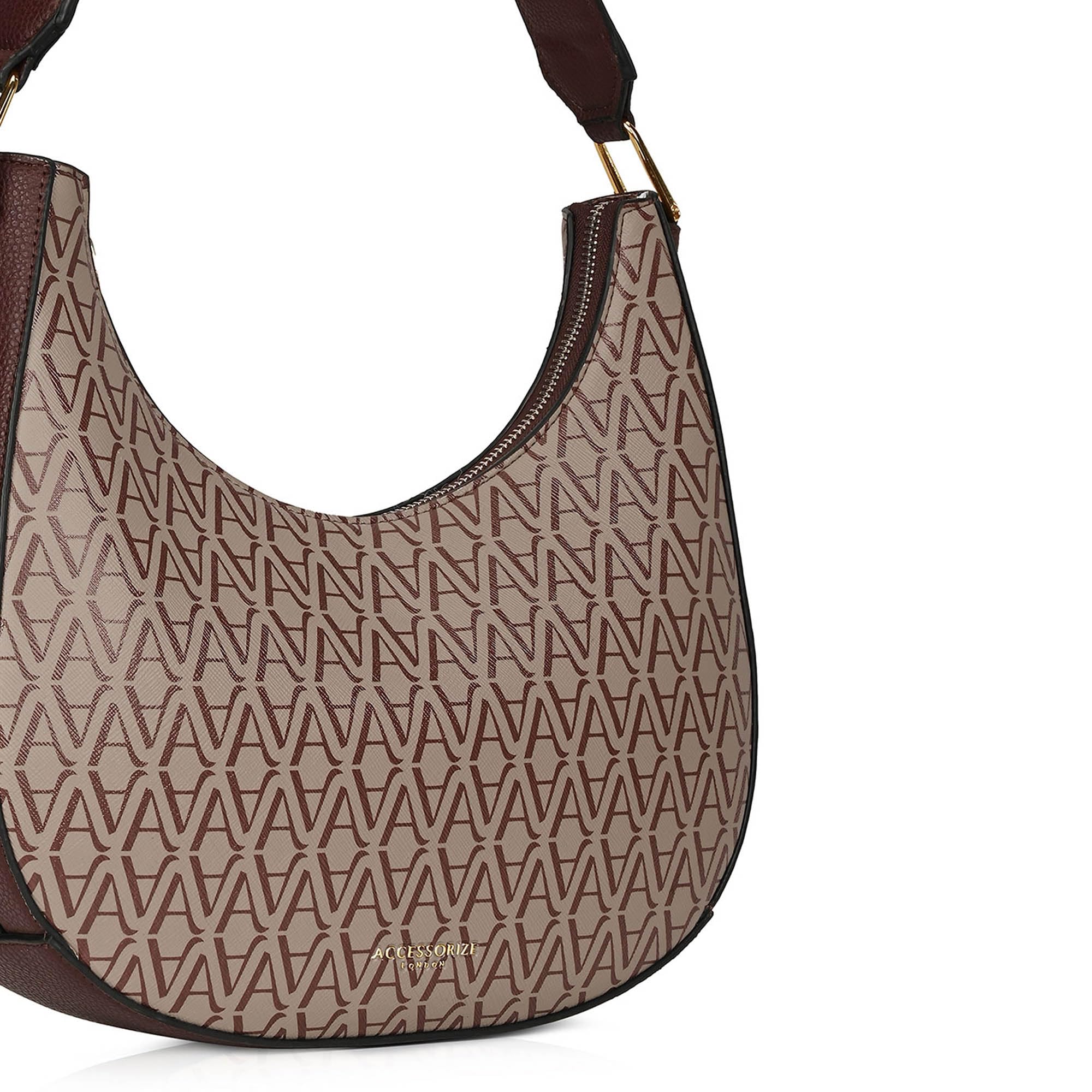 Accessorize London Women's Amara Monogram Hobo Bag I Shoulder Bag For Ladies| hand bags for women stylish, Brown, M