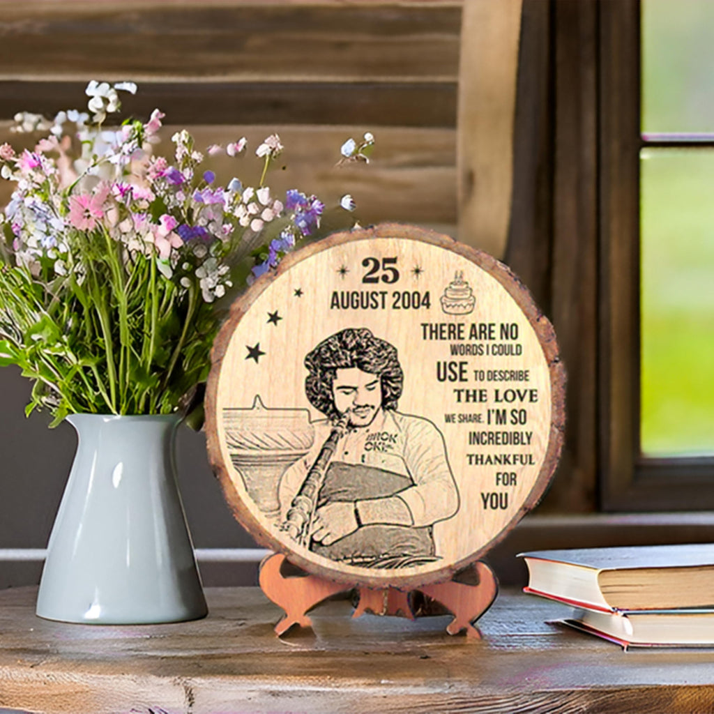 Personalized Engraved Natural Wooden Slice Photo Frame With Wood Stand, Best Gift for Birthday, Anniversary, Wedding, Retirement, Valentine etc. (8 Inches, Brown, Tabletop)