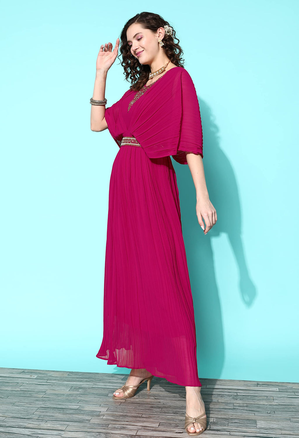 LYMI LABEL Western Gown For Women - Georgette Butterfly Sleeves Long Cinched Waist Gown Dress With Belt For Traditional, Indo Western, Ethnic Wear, Pink, S