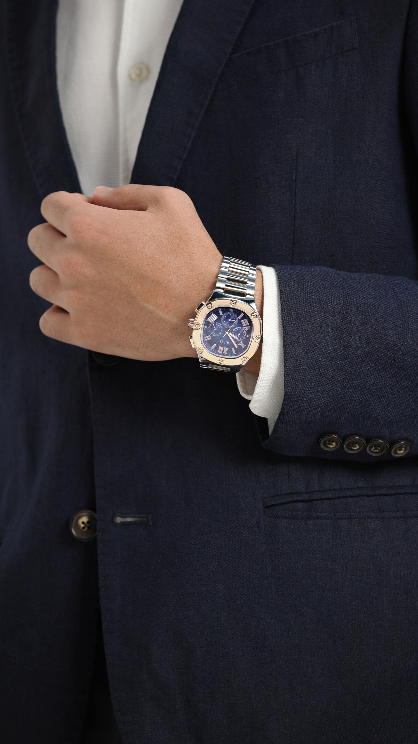 Guess Men's 42mm Watch - Two-Tone Bracelet Blue Dial Two-Tone Case