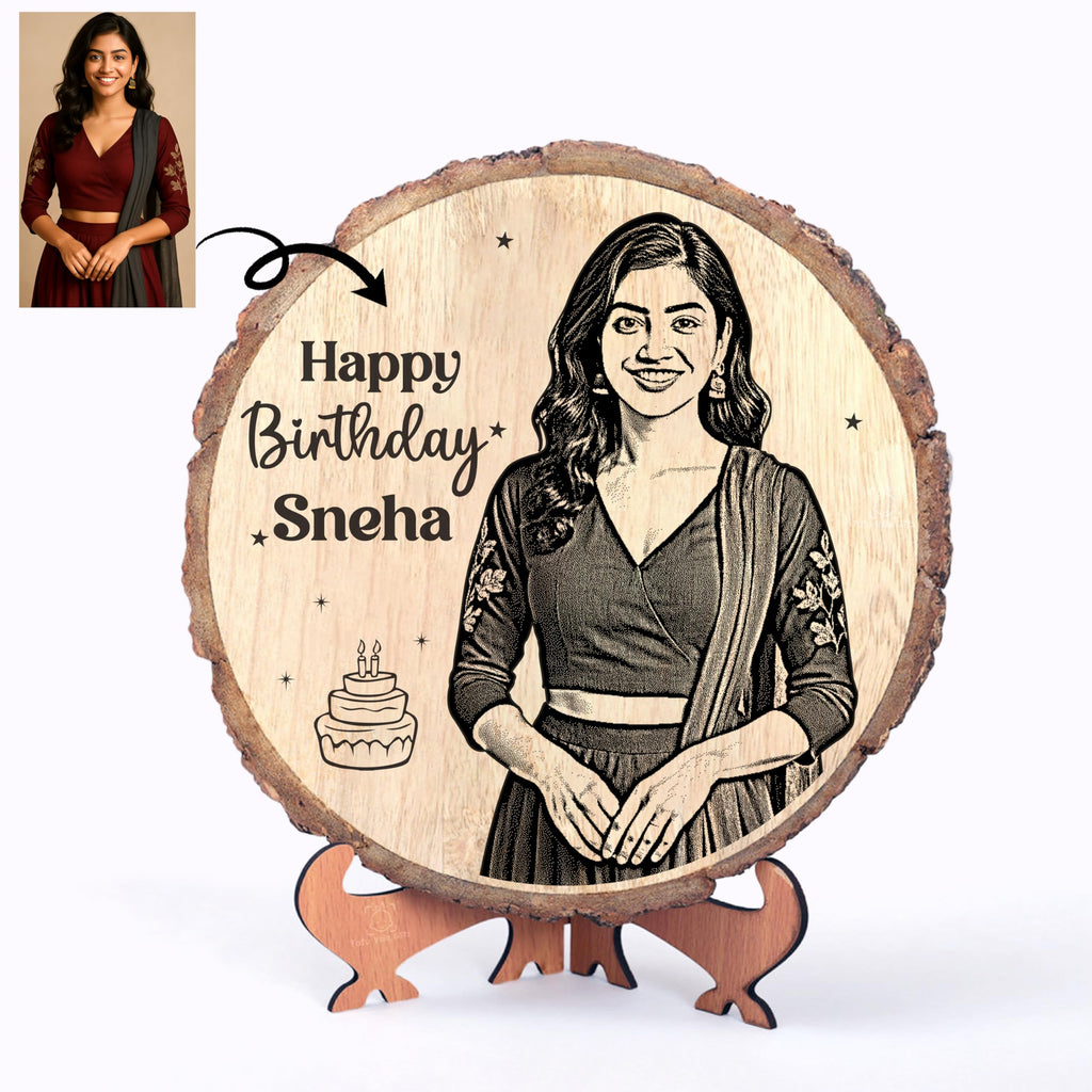 Personalized Engraved Natural Wooden Slice Photo Frame With Wood Stand, Best Gift for Birthday, Anniversary, Wedding, Retirement, Valentine etc. (8 Inches, Brown, Tabletop)